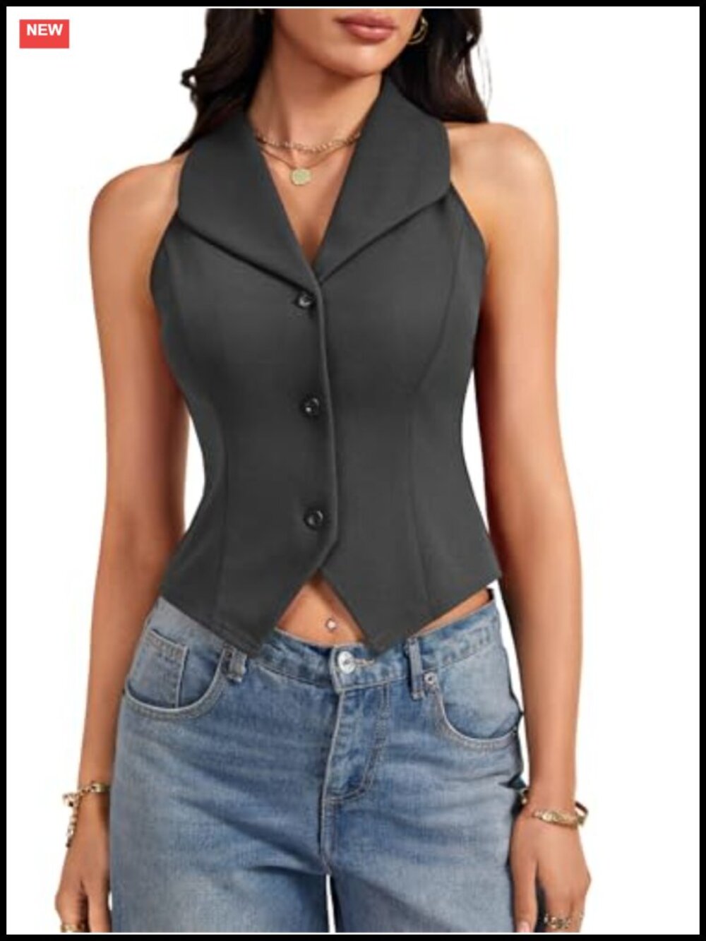Rooscier Women's Collared V-Neck Button Down Crop Vest Top Sleeveless